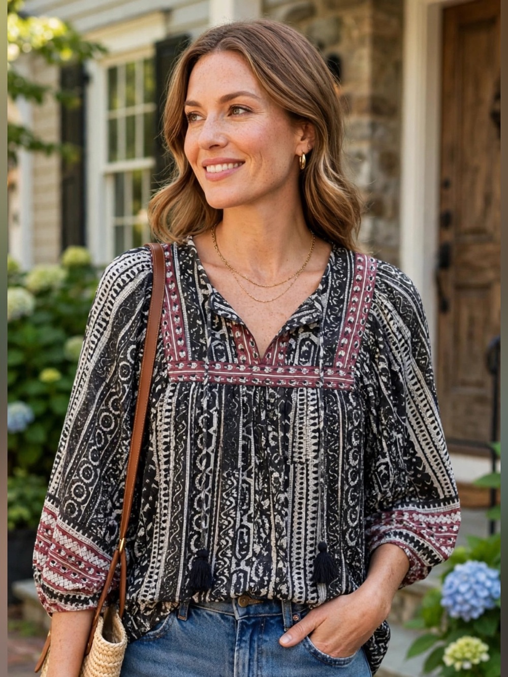 Tuckernuck || Cleobella Oaklee Block Print Blouse Top Tassel Floral Black Medium